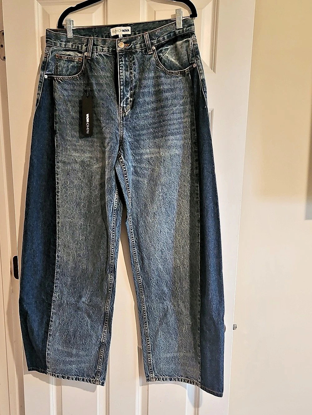 Fashion Nova Barrel Leg Two Tone Jeans Blue Waist 11 New